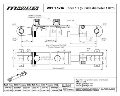 Image showing  1.5 in. Bore x 16 in. Stroke Clevis Hydraulic Cylinder
