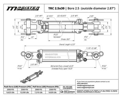 Image showing  2.5 in. Bore x 30 in. Stroke Tie Rod Hydraulic Cylinder
