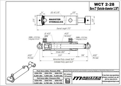 Image showing  2 in. Bore x 28 in. Stroke Cross Tube Hydraulic Cylinder