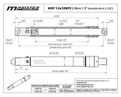 Image showing 1 th Magister Hydraulics 1.5 in. Bore x 12 in. Stroke Snow Plow Meyers Hydraulic Cylinder