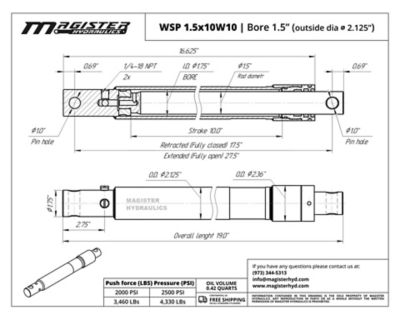 Image showing 1 th Magister Hydraulics 1.5 in. Bore x 10 in. Stroke Snow Plow Western Hydraulic Cylinder 1 in. Pin