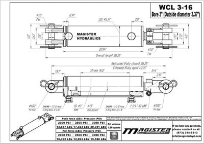 Image showing  3 in. Bore x 16 in. Stroke Clevis Hydraulic Cylinder