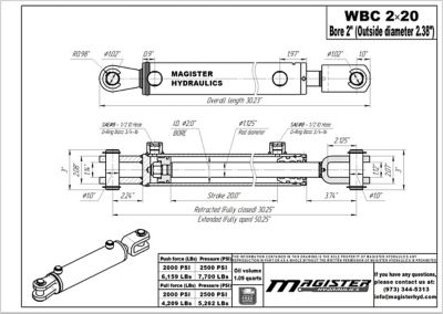Image showing  2 in. Bore x 20 in. Stroke Ag Clevis Hydraulic Cylinder