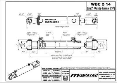 Image showing  2 in. Bore x 14 in. Stroke Ag Clevis Hydraulic Cylinder