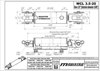 Image showing  3.5 in. Bore x 20 in. Stroke Clevis Hydraulic Cylinder