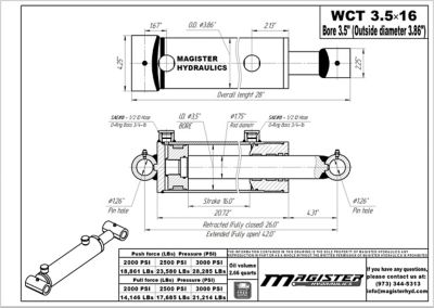 Image showing  3.5 in. Bore x 16 in. Stroke Cross Tube Hydraulic Cylinder