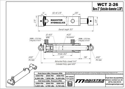 Image showing  2 in. Bore x 26 in. Stroke Cross Tube Hydraulic Cylinder
