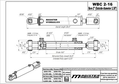 Image showing  2 in. Bore x 16 in. Stroke Ag Clevis Hydraulic Cylinder