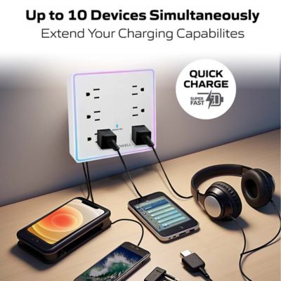 Image showing  LED Outlet Extender Station 6 Outlets, 2 USB, and 2 USB-C Ports Charging Extension with RGB Night Light