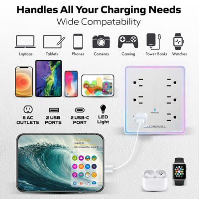 Image showing  LED Outlet Extender Station 6 Outlets, 2 USB, and 2 USB-C Ports Charging Extension with RGB Night Light