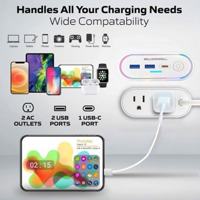 Image showing  LED Multi Fast Charging Station 2 AC Outlets, 2 USB-A, and 1 USB-C Ports Charging Extension with RGB Night Light