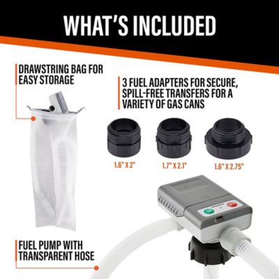 Image showing  Fuel Transfer Pump, Battery Powered, 51 in. Hose with 2.4 GPM Basic Clip-On Nozzle & 3 Adapters