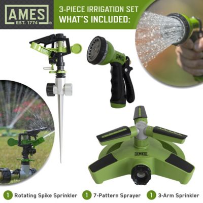Image showing  3-Piece Garden Watering Set with 1 Pulsating Spike Style, one 3-Arm Rotating Sprinkler and one 7-Pattern Spray Nozzle
