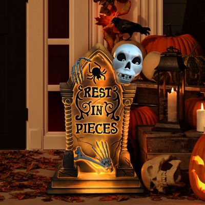 Image showing 7 th Haunted Hill Farm 25 in. Tombstone with Skeleton Blow Mold with Lights