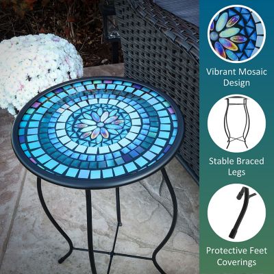 Image showing  Mosaic Glass Accent Side Table & Plant Stand, Blue