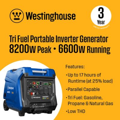 Image showing  8,200/6,600 W Tri-Fuel Portable Inverter Generator. Gas/Propane/Natural Gas, CO Sensor