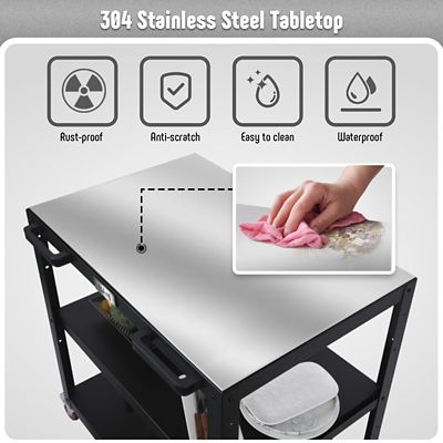 Image showing  Stainless Steel 3-Shelf Grill Table Cart and Outdoor Sink Cart Set with Wheels for Patio Grilling BBQ Pizza Griddle