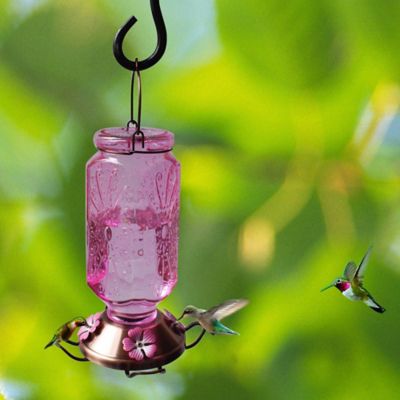 Image showing  32 oz. Glass Hummingbird Feeder, Pink