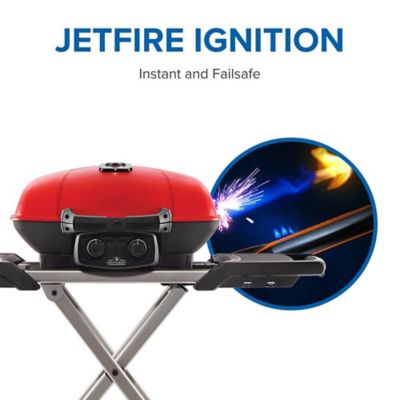 Image showing  TravelQ 285X Portable Propane Gas Grill and Scissor Cart with Griddle, Red
