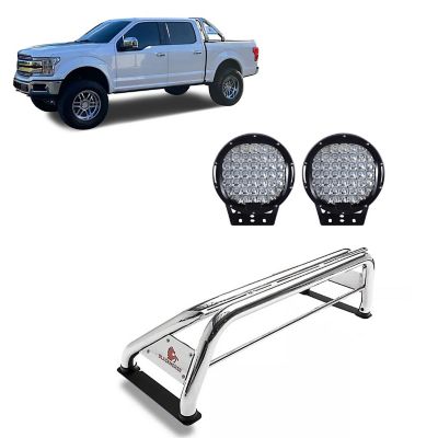 Black Horse Off Road Classic Roll Bar SS fits 1/2 Ton Trucks (GM-FORD-DODGE-TOYOTA) with Set of Black 9 in. Round LED Light