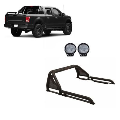 Black Horse Off Road GLADIATOR BLACK ROLL BAR for 1/2 Ton Trucks (GM-FORD-DODGE- TUNDRA) with Set of Black 9 in. Round LED Light