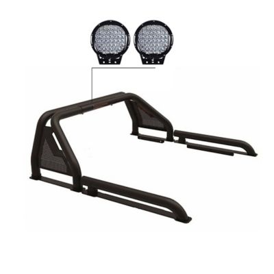Image showing 7 th Black Horse Off Road GLADIATOR BLACK ROLL BAR for 1/2 Ton Trucks (GM-FORD-DODGE- TUNDRA) with Set of Black 9 in Round LED Light