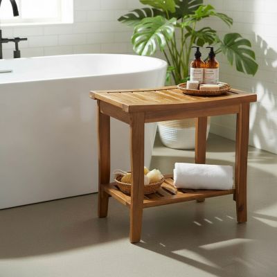 Image showing  Solid Acacia Wood Shower Bench with Built-In Shelf