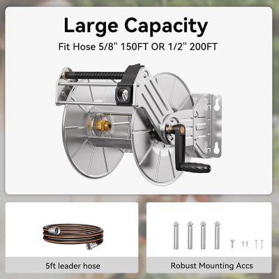 Image showing  Stainless Steel Garden Hose Reel, Heavy Duty, Wall/Floor Mounted with Crank, 5/8 in. - 150 ft. Hose Capacity