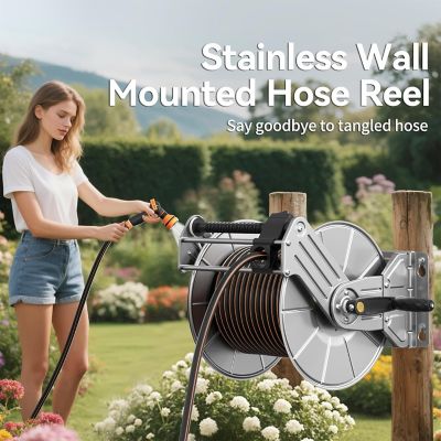 Image showing  Stainless Steel Garden Hose Reel, Heavy Duty, Wall/Floor Mounted with Crank, 5/8 in. - 150 ft. Hose Capacity