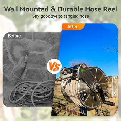 Image showing  Stainless Steel Garden Hose Reel, Heavy Duty, Wall/Floor Mounted with Crank, 5/8 in. - 150 ft. Hose Capacity