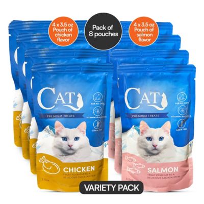 Scoochie Pet Products Mixed Variety Pack Premium Gravy Salmon, Chicken Stew Wet Cat Food Topping, 3.5-oz. pouch, case of 8