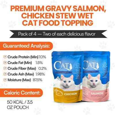 Image showing 6 th Scoochie Pet Products Mixed Variety Pack Premium Gravy Salmon, Chicken Stew Wet Cat Food Topping, 3.5-oz. pouch, case of 4