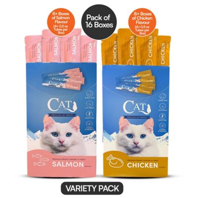 Scoochie Pet Products Squeeze-Up Mixed Variety Pack Premium Creamy Salmon, Chicken Lickable Cat Treats, 0.5-oz. tube, case of 64