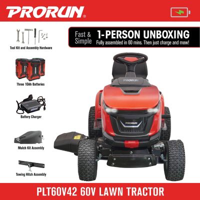 Image showing  60V 42-in. Steel Deck Cordless Lawn Tractor with 10.0 Ah Batteries (3), Charger, Mulch Kit, and Towing Kit