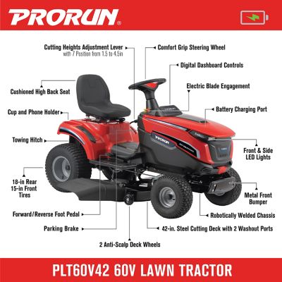 Image showing  60V 42-in. Steel Deck Cordless Lawn Tractor with 10.0 Ah Batteries (3), Charger, Mulch Kit, and Towing Kit