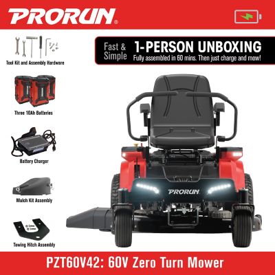 Image showing  60V 42-in. Zero-Turn Riding Lawn Mower with 10.0 Ah Batteries (3), Charger, Mulch Kit, and Towing Kit