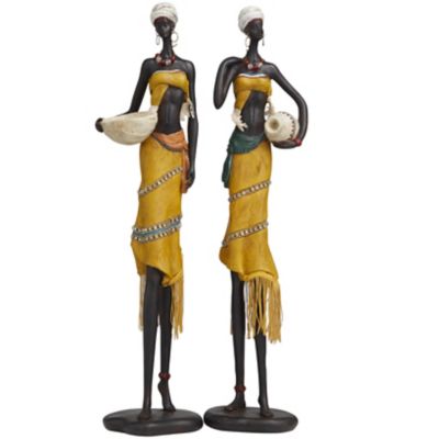 Image showing  Polyresin Handmade African Woman Decorative Sculpture with Water Jugs and Jeweled Details