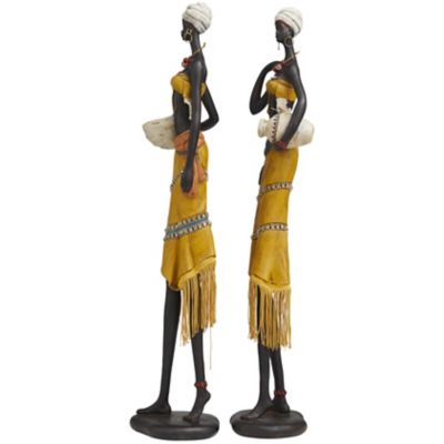 Image showing  Polyresin Handmade African Woman Decorative Sculpture with Water Jugs and Jeweled Details