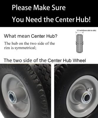 Image showing  Flat Free 4.10/3.50-4 Tire with 3/4 and 5/8 Bore-3.5 in. Center Hub 10 in. Solid Wheel Set of 2