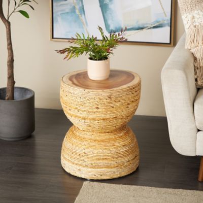Harper & Willow Banana Leaf Handmade Woven Side End Accent Table with Wooden Tabletop