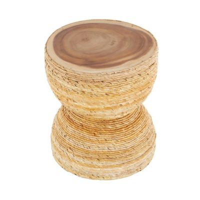 Image showing  Banana Leaf Handmade Woven Side End Accent Table with Wooden Tabletop