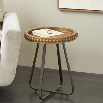Harper & Willow Wood Beaded Side End Accent Table with Rounded Gray Metal Base and Rattan Accent