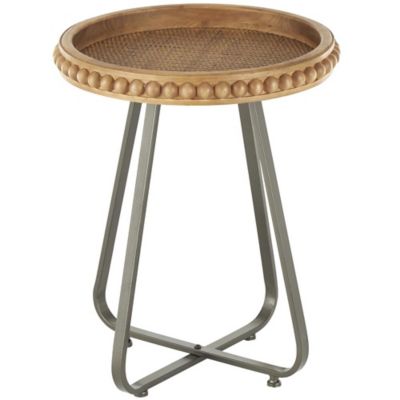Image showing  Wood Beaded Side End Accent Table with Rounded Gray Metal Base and Rattan Accent