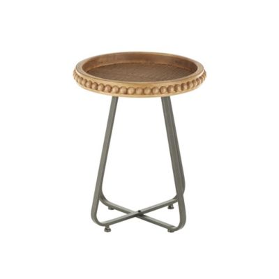 Image showing  Wood Beaded Side End Accent Table with Rounded Gray Metal Base and Rattan Accent