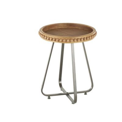 Image showing  Wood Beaded Side End Accent Table with Rounded Gray Metal Base and Rattan Accent