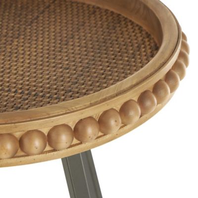 Image showing  Wood Beaded Side End Accent Table with Rounded Gray Metal Base and Rattan Accent