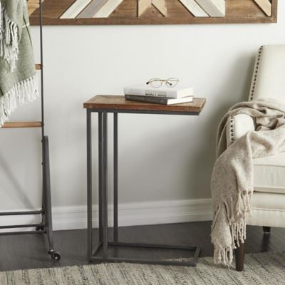 Harper & Willow Metal C-Shaped Side End Accent Table with Brown Wood Top