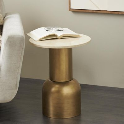 Harper & Willow Metal Pedestal Side End Accent Table with Cream Marble Tabletop