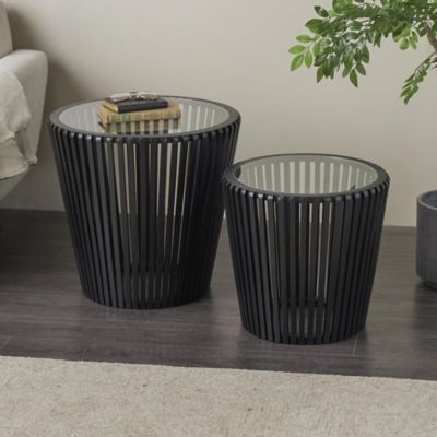 Harper & Willow Wood Cage Inspired Side End Accent Table with Clear Glass Tabletop