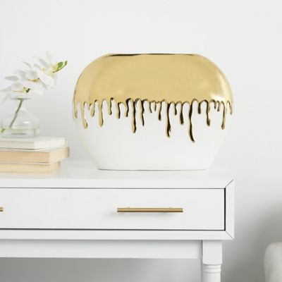 Cosmoliving by Cosmopolitan Ceramic Abstract Decorative Vase with Abstract Gold Melting Drips